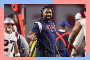 New England Patriots head coach Jerod Mayo barks orders from the sideline.