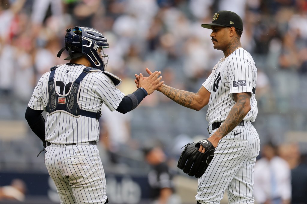 Jose Trevino, congratulating Dennis Santana after the Yankees win, hit his fifth homer of the season in the victory.