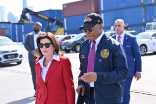 Gov. Kathy Hochul and Mayor Eric Adams in Brooklyn Marine Terminal.