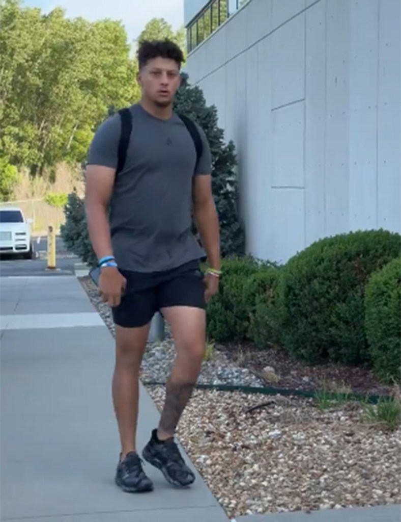 Patrick Mahomes entering the Chiefs facility for the start of OTAs on May 21, 2024. 