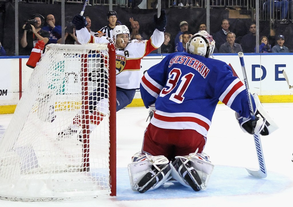 Matthew Tkachuk celebrates after scoring a goal on Igor Shesterkin during the Rangers' 3-0 Game 1 loss to the Panthers.