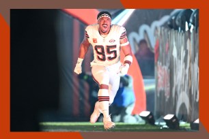 Cleveland Browns defensive end Myles Garrett runs to the field.