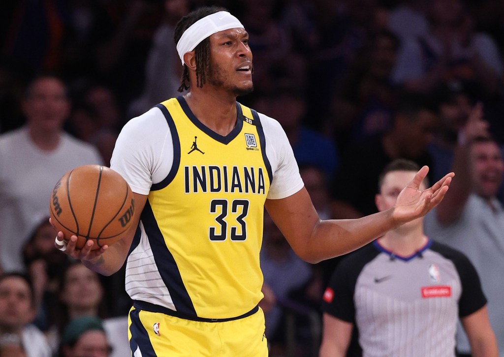 Myles Turner argues a call during the Knicks' 130-121 Game 2 loss to the Pacers.