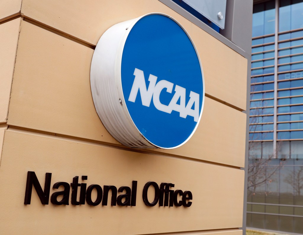 Signage is on the headquarters of the NCAA in Indianapolis, March 12, 2020. 