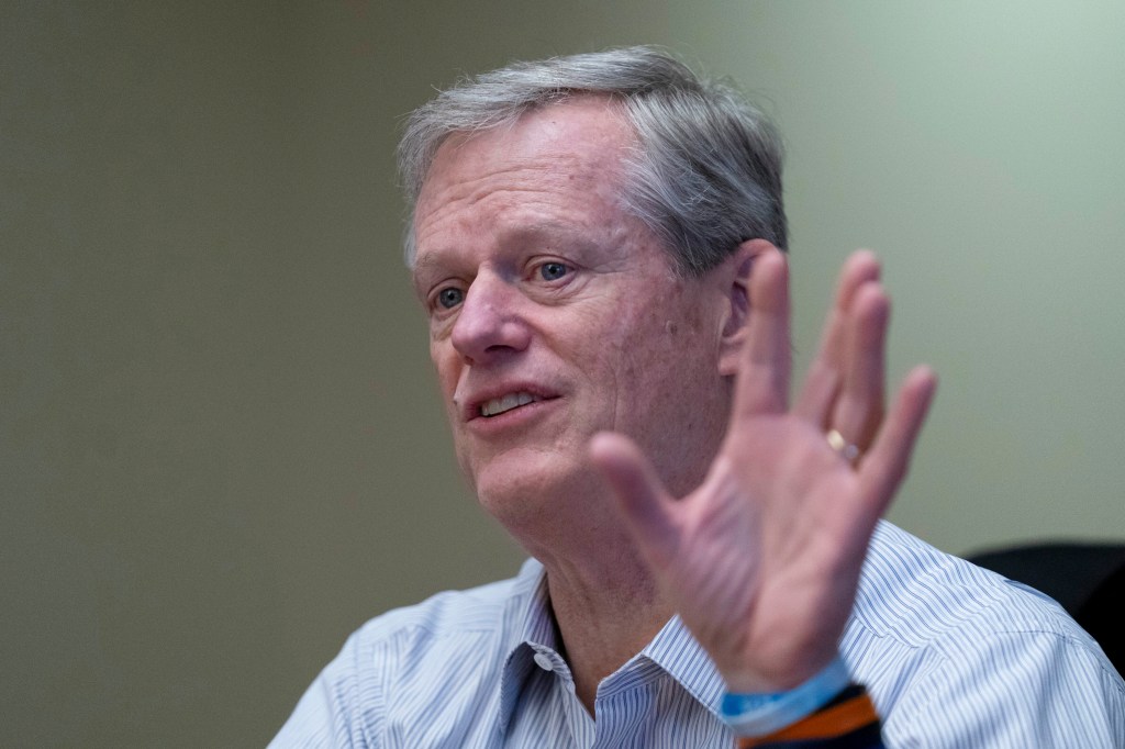 NCAA President Charlie Baker speaks to reporters Friday, Feb. 23, 2024, in Washington. NCAA President Charlie Baker on Wednesday, March 27, urged lawmakers in states with legal wagering on sporting events to ban betting on individual player performances.