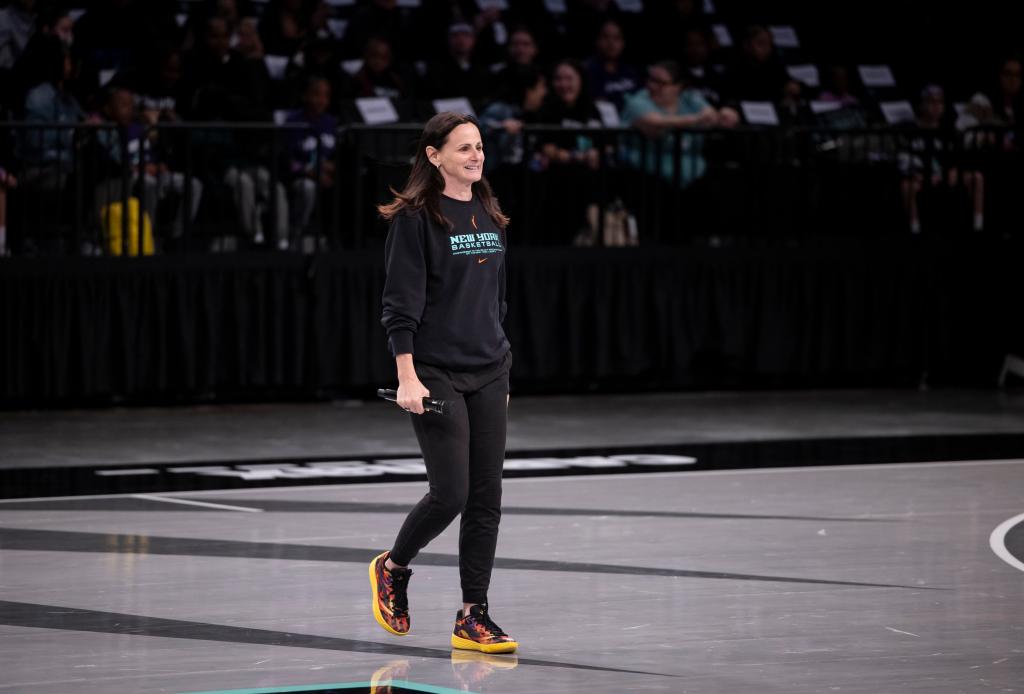 Head Coach  Sandy Brondello and Sabrina Ionescu #20 of the New York Liberty as they host an open practice and media day ahead of their 2024 season at Barclays Center . 