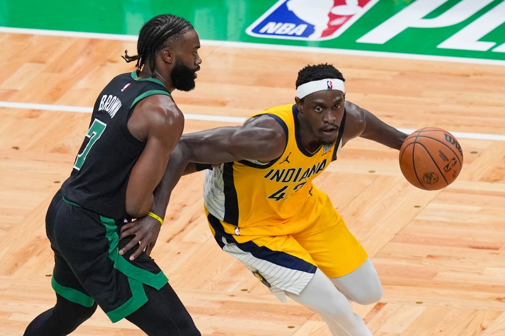 28 points, looks to make a move on Jaylen Brown during the Pacers' Game 2 loss.