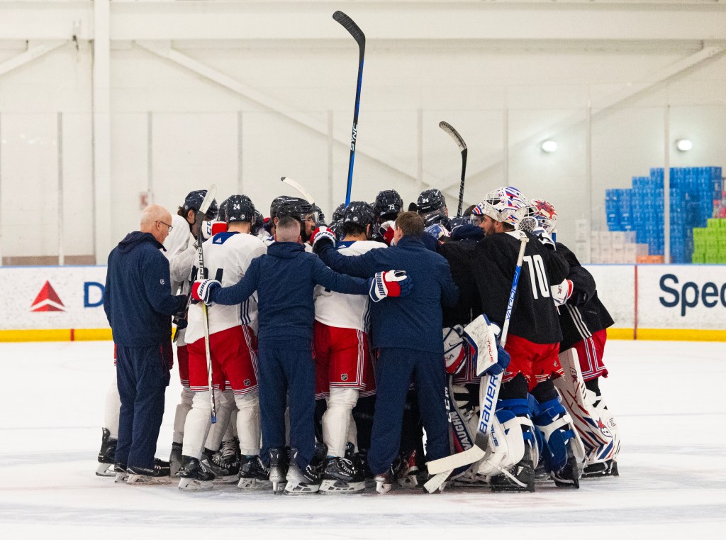 The Rangers, who are now carry the hopes of other New York teams that fell just shorts after big playoff runs, huddle up at the end of practice in preparation for their Eastern Conference Final showdown vs. the Panthers, which begins Wednesday.