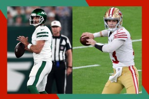 New York Jets quarterback Aaron Rodgers (L) and San Francisco 49ers star Brock Purdy are meeting in their first game of the 2024 regular season on Monday, Sept. 9.