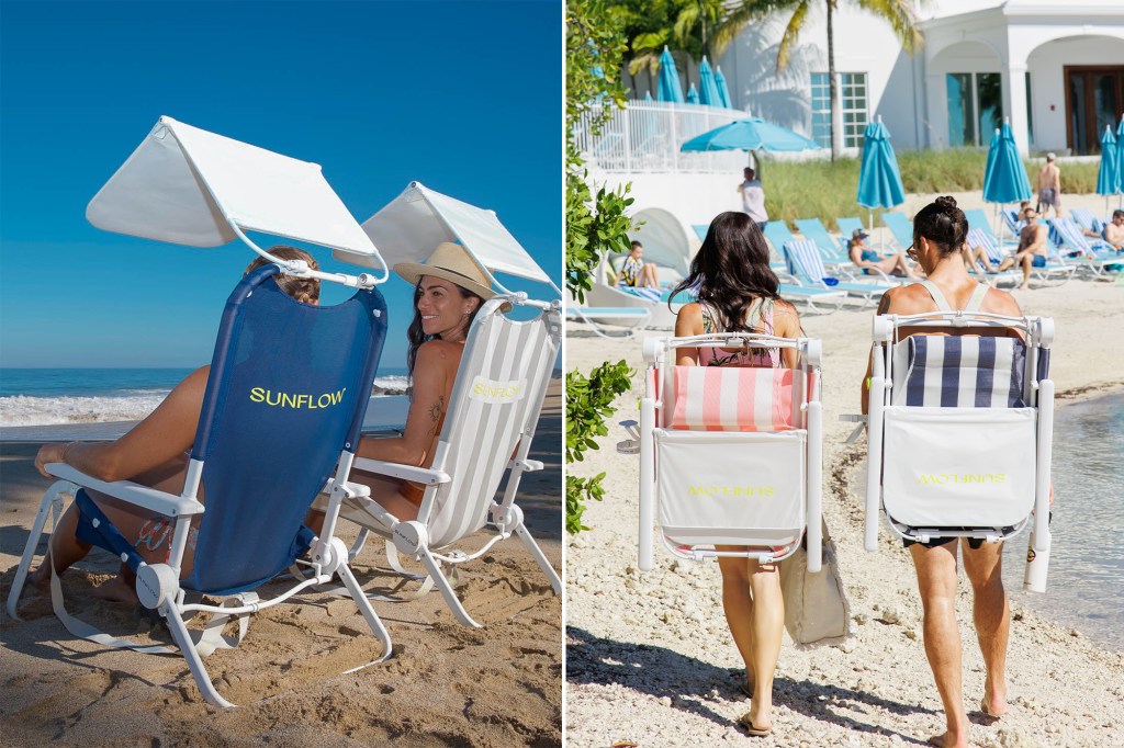 A collage of people enjoying their time on a beach using SUNFLOW beach chairs