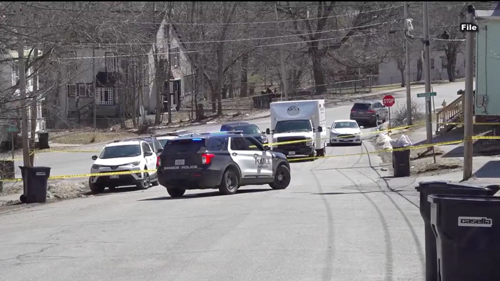 Police cars parked on the street during a manslaughter investigation in Bangor, Maine