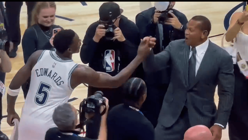 A-Rod shares handshake with Anthony Edwards after the Timberwolves pulled off a Game 7 win over the Nuggets on Sunday night.