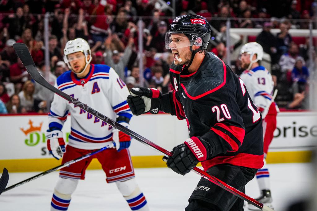 Sebastian Aho celebrates after scoring a first-period goal during the Hurricanes' Game 4 win over the Rangers..