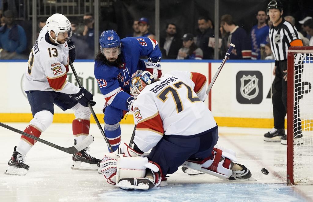 Sergey Bobrovsky makes a save on Mika Zibanejad during the second period of the Rangers' 3-0 Game 1 loss to the Panthers.