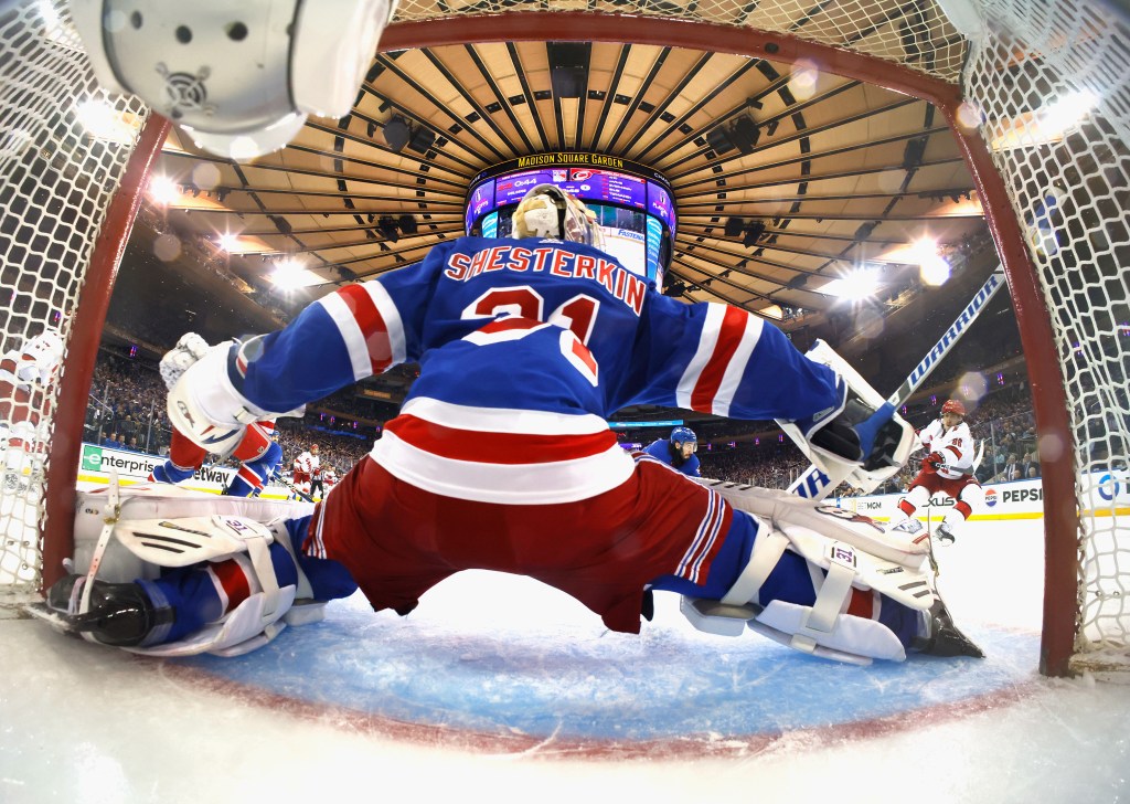 Igor Shesterkin #31 of the New York Rangers defends against the vin Game Five of the Second Round of the 2024 Stanley Cup Playoffs at Madison Square Garden on May 13, 2024 in New York City.