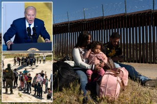 Joe Biden with a group of people standing in front of a fence at the Southern border