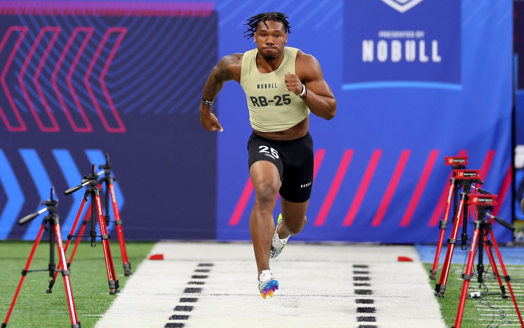 Tyrone Tracy runs the 40-yard dash during the NFL Scouting Combine.