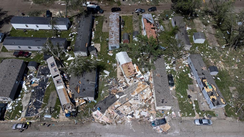 Tornado damage at Pavilion Estates mobile home community in Kalamazoo on Wednesday, May 8, 2024.