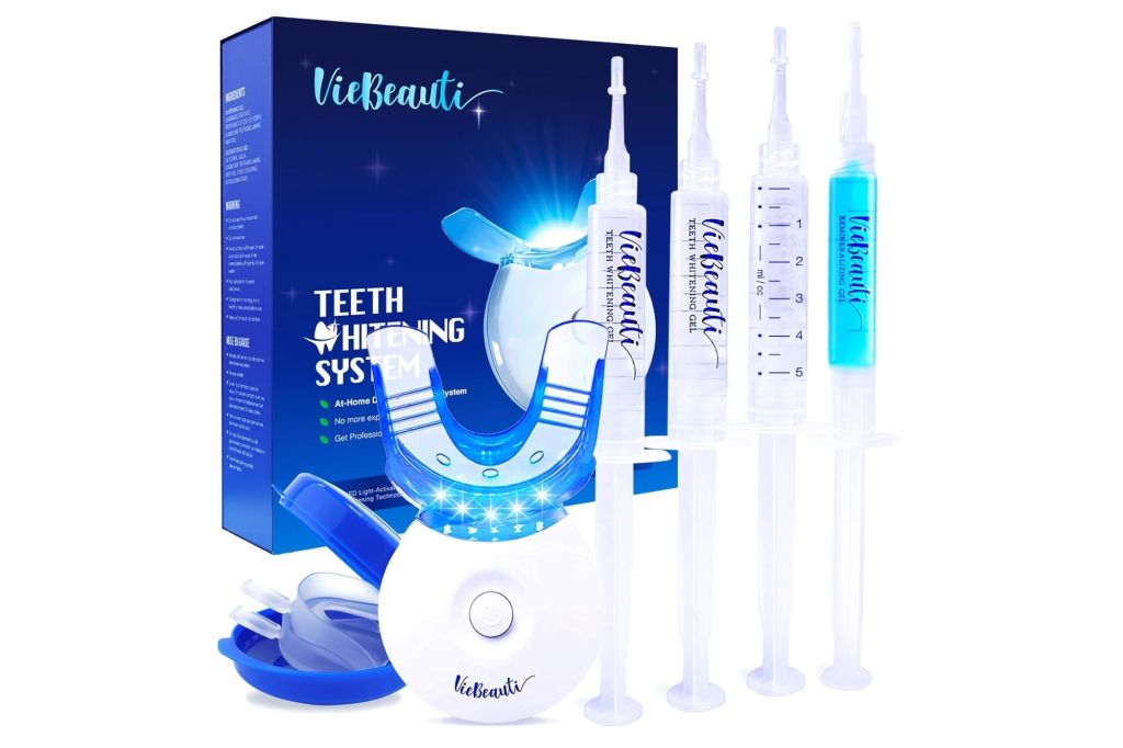 A teeth whitening kit that includes a LED light.