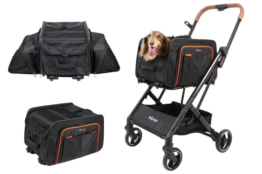 On right: a dog in a carrier pet stroller; On left (top): the pet carrier extended ; On left (bottom) the pet carrier