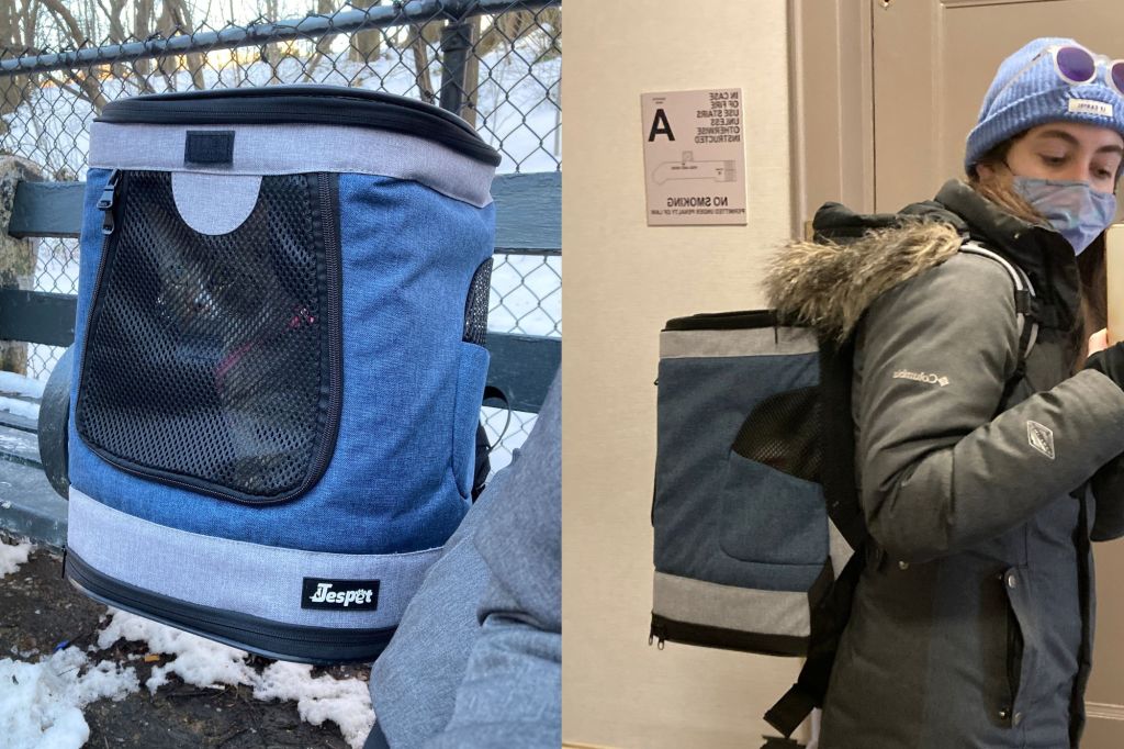 Left: A cat in a carrier backpack; Right: A woman wearing a backpack pet carrier with a pet inside.