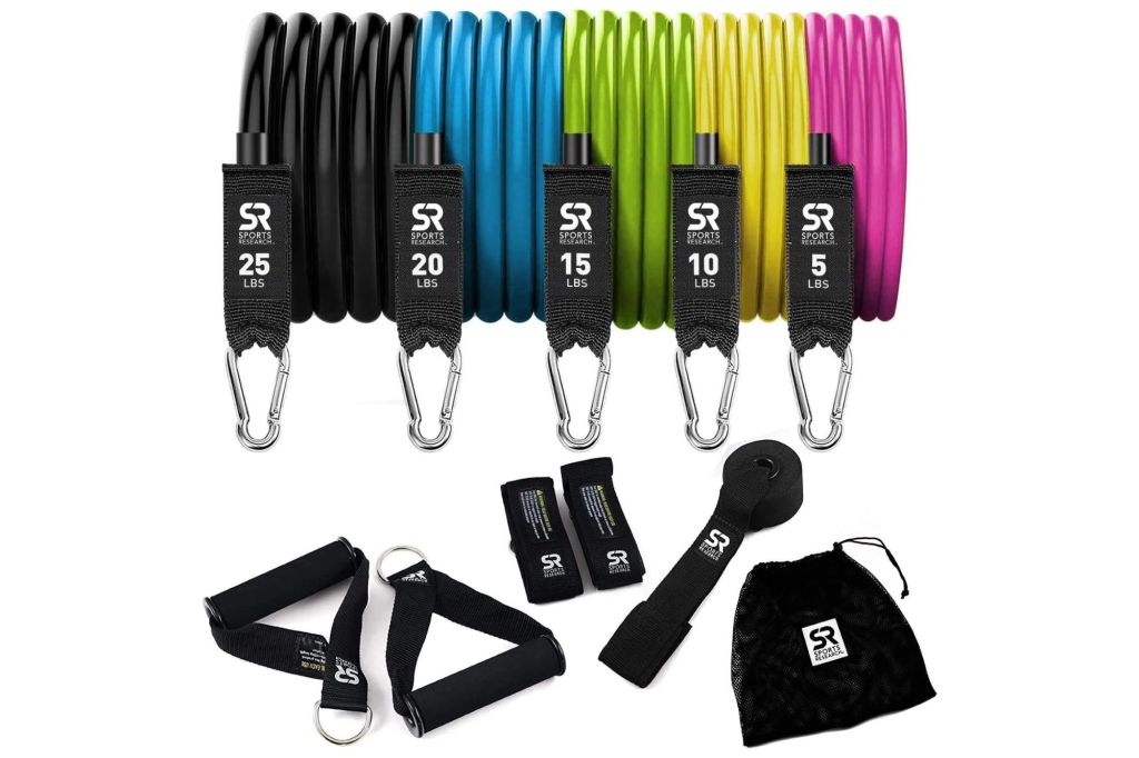 A set of resistance bands and accessories to exercise with.