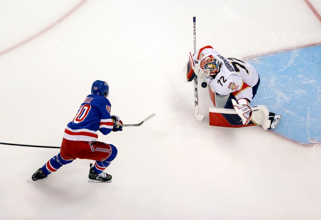 Will Cuylle's shot is stopped by Sergey Bobrovsky during the second period of the Rangers' Game 1 loss.