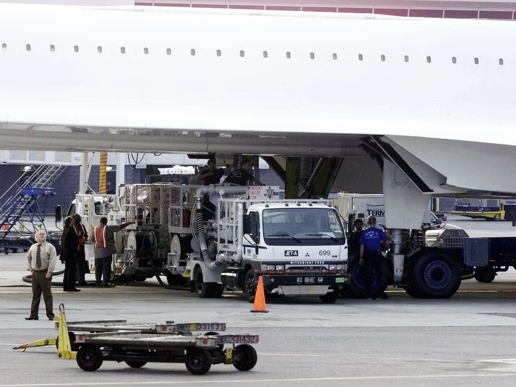 Air France Concorde tail number F-BVFC has its fuel tanks filled in preparation for a flight to France from New York City's John F. Kennedy Airport