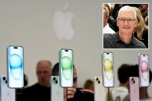 CEO Tim Cook and iPhones on display