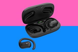 Black wireless earbuds in a case