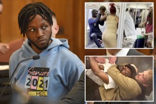 Jordan Williams in a blue sweatshirt at his arraignment in Brooklyn Criminal Court for stabbing a man on the J Train