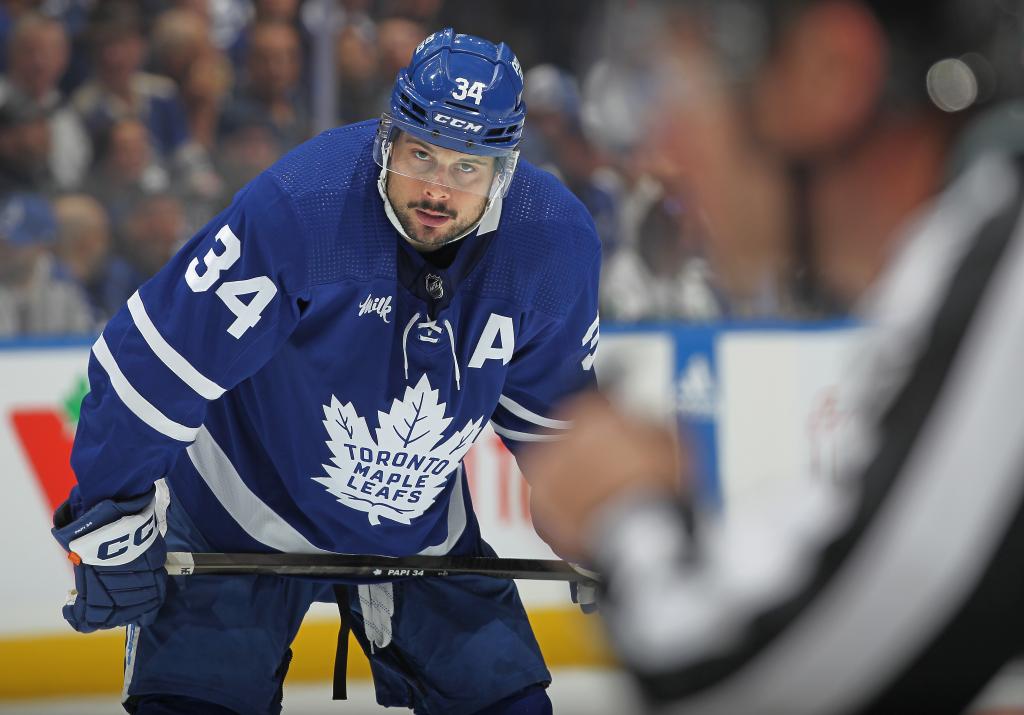 Auston Matthews #34 of the Toronto Maple Leafs waiting for a faceoff during a game against the Boston Bruins in the 2024 Stanley Cup Playoffs