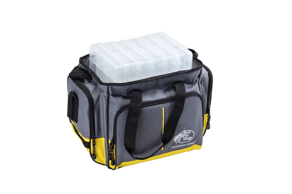 Grey and yellow bag with plastic containers inside