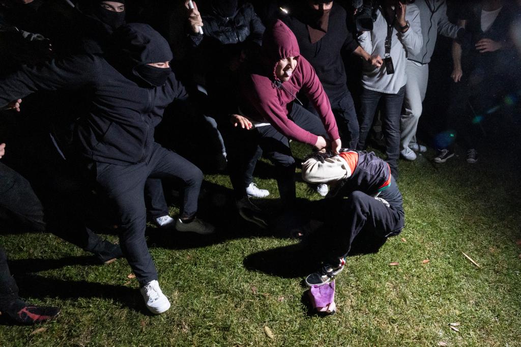 Pro-Palestinian demonstrator being attacked by counter-protesters at an encampment on UCLA campus during a clash