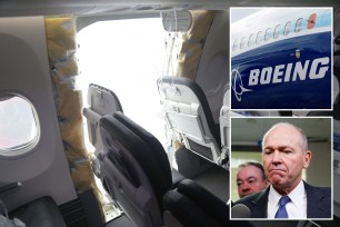 Alaska Airlines plane with missing door, Boeing CEO Dave Calhoun and Boeing logo