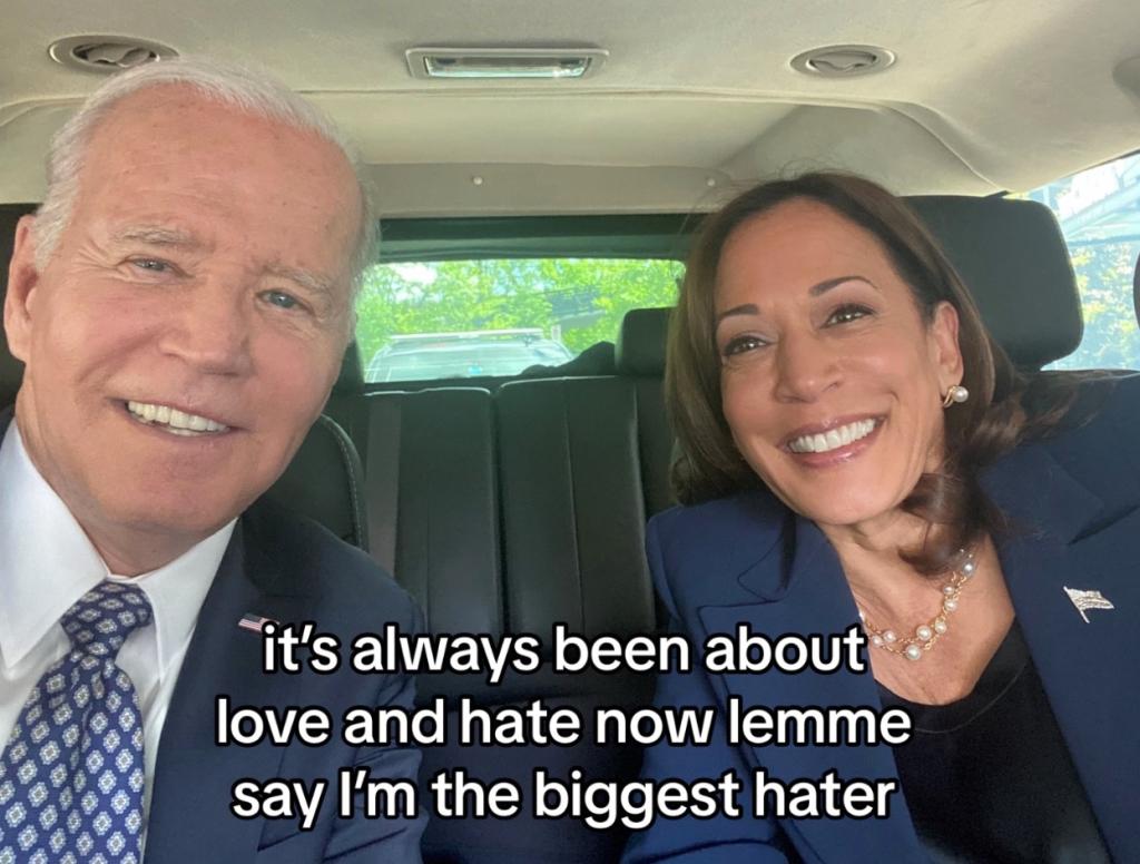 The TikTok clip begins with an image of Joe Biden and Kamala Harris indicating they are the "bigger hater."