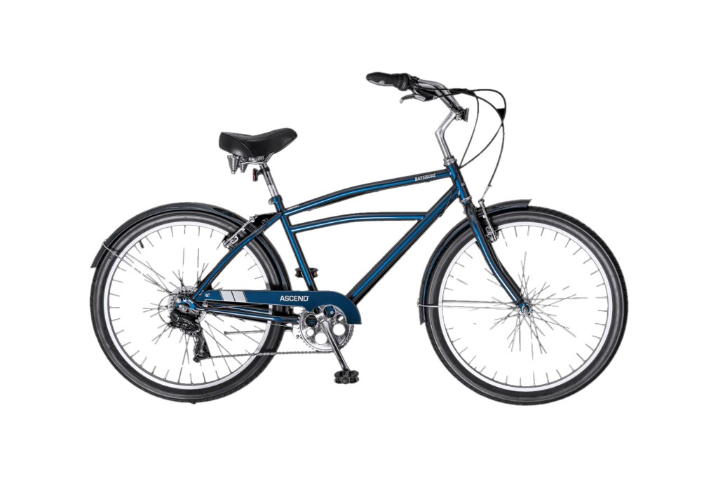 A blue bicycle with black wheels
