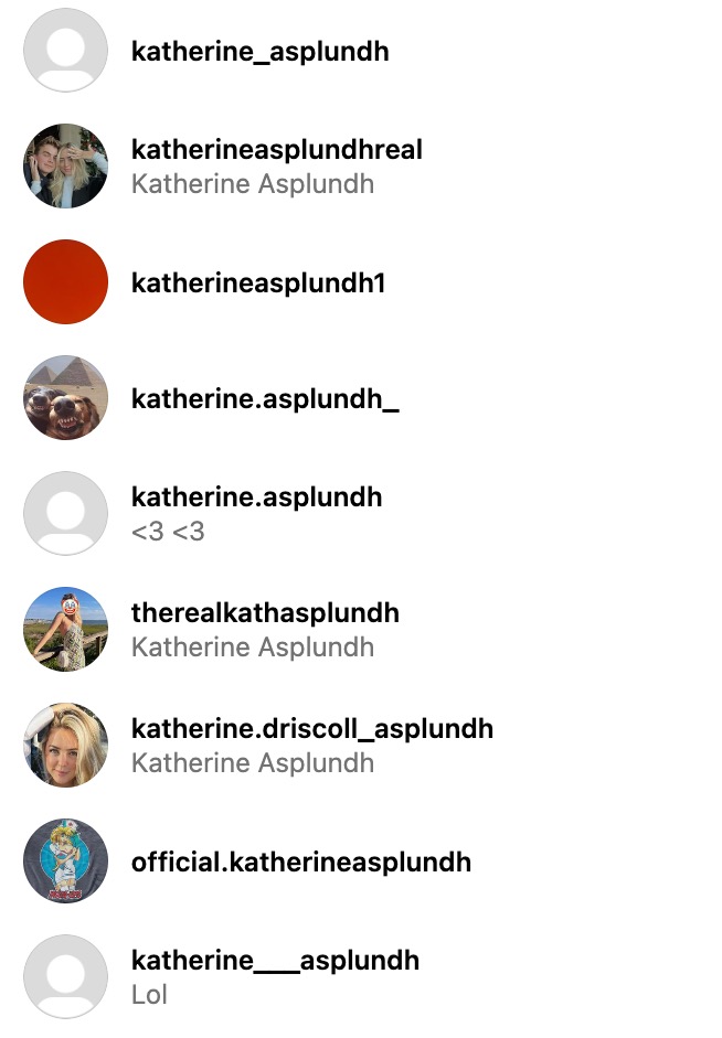 Multiple Instagram accounts with different variations of Katherine Asplundh appeared before the influencer's account was deleted.