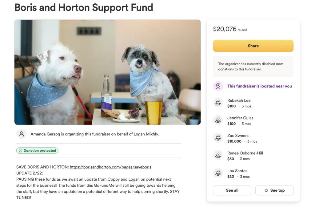 Screenshot of GoFundMe created for locals to donate to help keep Boris & Horton in business in February