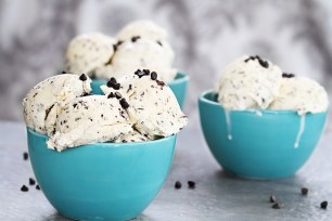 Three bowls of chocolate chip ice cream with a shallow depth of field