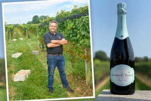 Sparkling Pointe bottle and Gilles Martin in front of a vineyard.