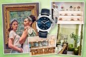 various interiors of stores, a watch and two girls in front of a painting.