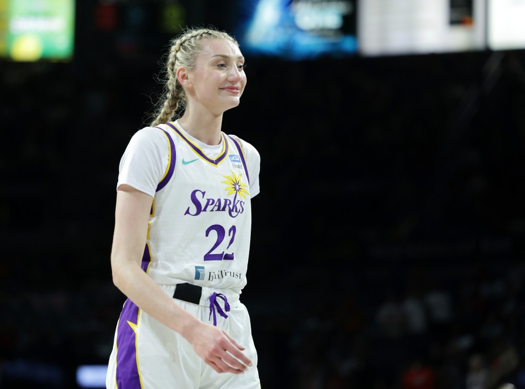 Cameron Brink #22 of the Los Angeles Sparks reacts after being called for a foul in the first quarter of a game against the Las Vegas Aces at Michelob ULTRA Arena on May 18, 2024 in Las Vegas, Nevada.
