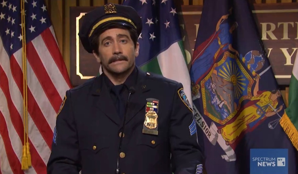 Saturday Night Live host Jake Gyllenhaal played a police sergeant detailing a new task force to help stop character actors from being punched.