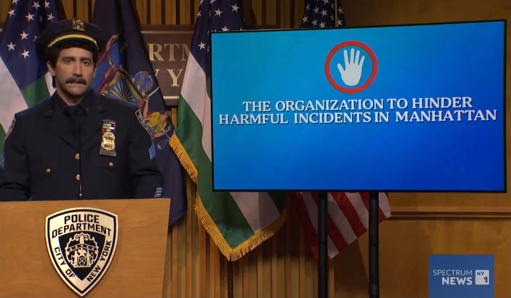 Host Jake Gyllenhaal as a police sergeant  took inspiration from the random attack on a Brooklyn street to kickstart the new task force for the easily recognizable, but indistinguishable actors, dubbed the "Organization to Hinder Harmful Incidents in Manhattan," or, "Oh, him."