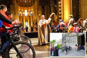 The Very Reverend Patrick Malloy dousing crowd with holy water at church for annual bike blessing; inset of riders hauling bikes up church steps