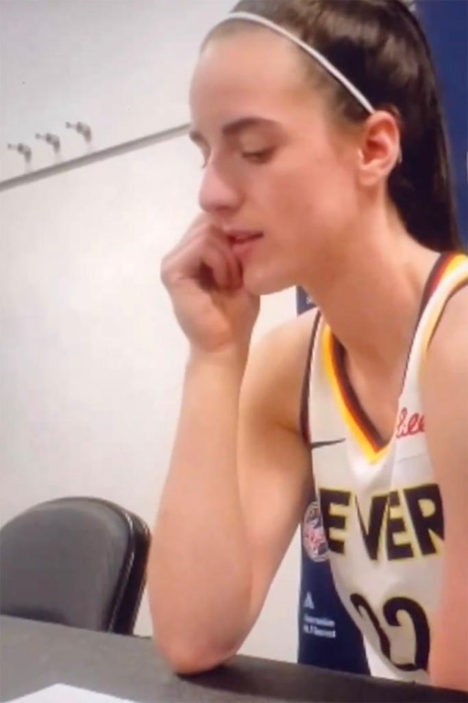 Caitlin Clark talks to reporters in a post game press conference after a loss to the Seattle Storm on Wednesday, May 22, 2024. 