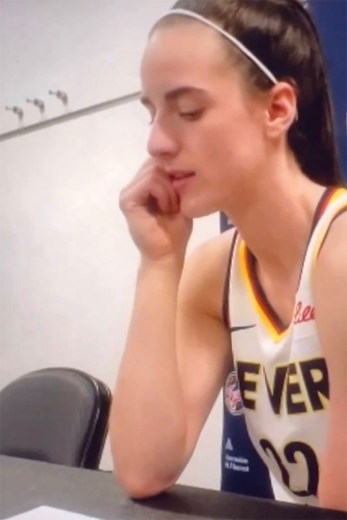Caitlin Clark talks to reporters in a post game press conference after a loss to the Seattle Storm on Wednesday, May 22, 2024. 
