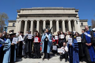 Columbia University professors at a rally in support of the anti-Israel student encampment on April 22, 2024.