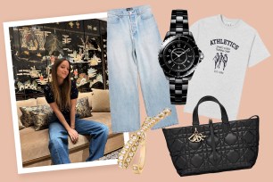 Collage of Charlotte Groeneveld with some of her favorite things, including classic tees, jeans, and jewelry.